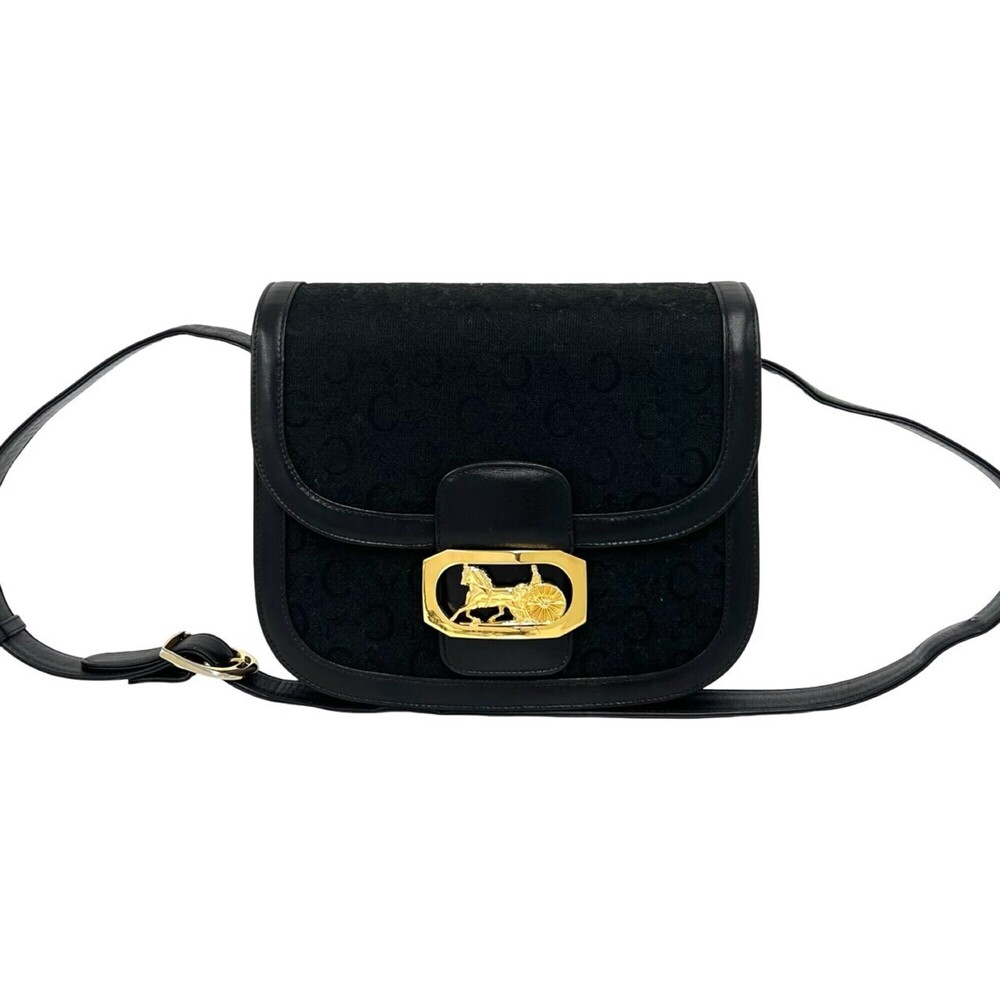CELINE Vintage C Macadam Pattern Carriage Hardware Canvas Leather Genuine Sho...